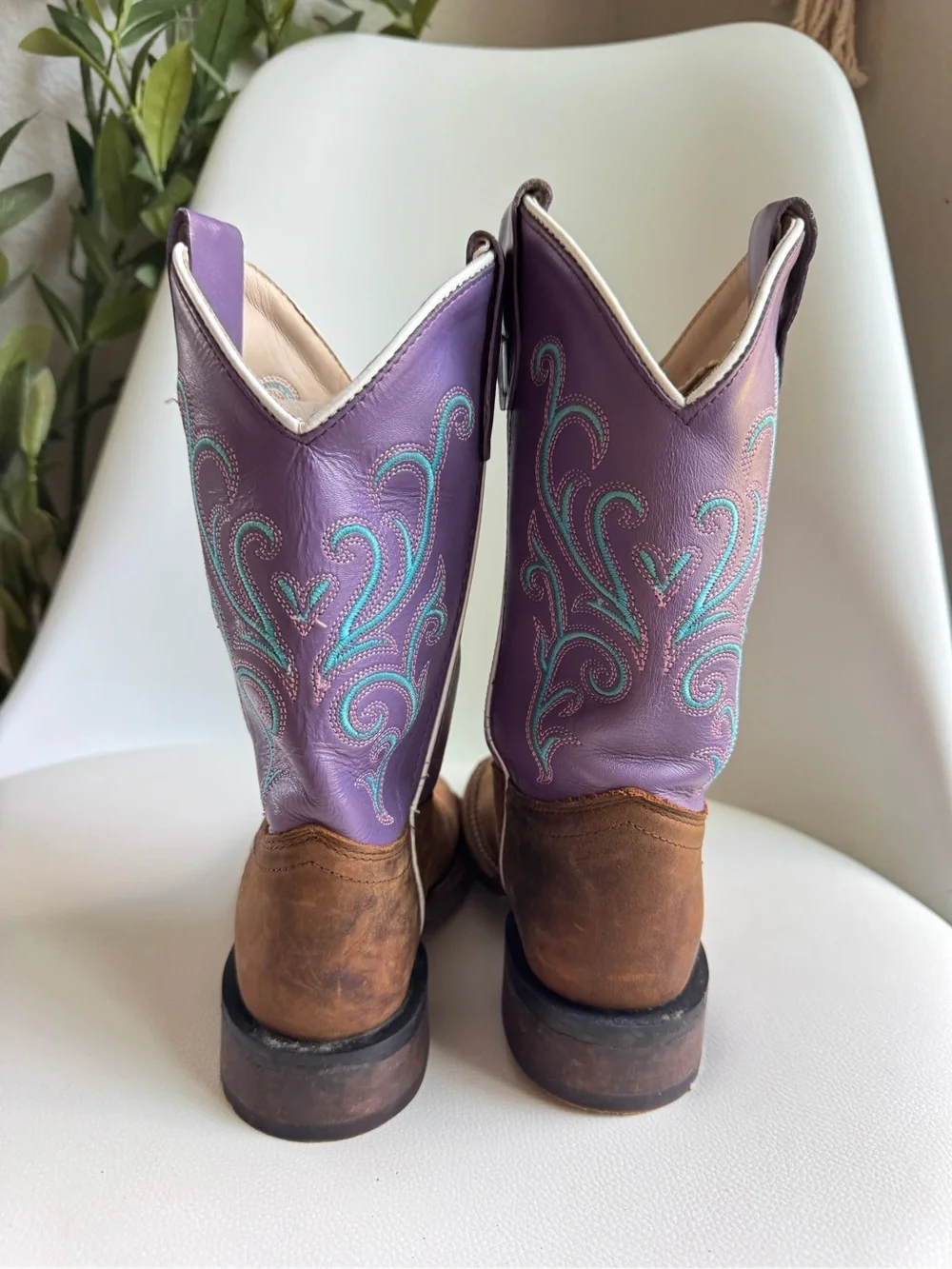 Old West BSC1907 Girls Cowboy Boots Size 12D Brown Purple Leather Western